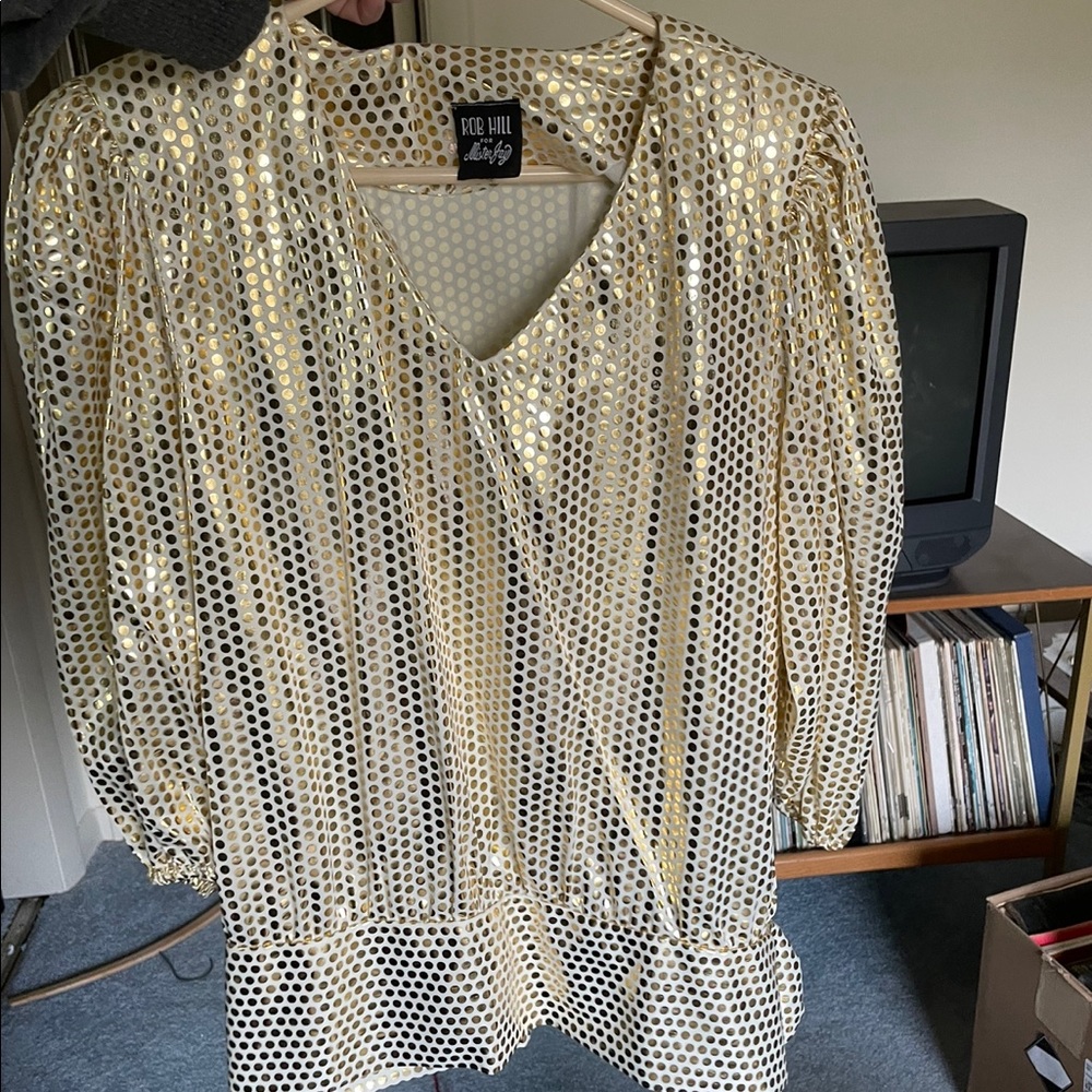 Vintage Blouse, white with gold polka dots and a style detail at the hip to tie